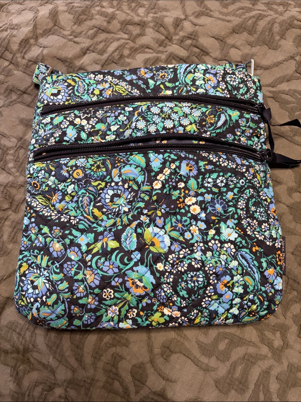 Vera Bradley Black Floral Quilted Crossbody with Teal and Yellow Accents